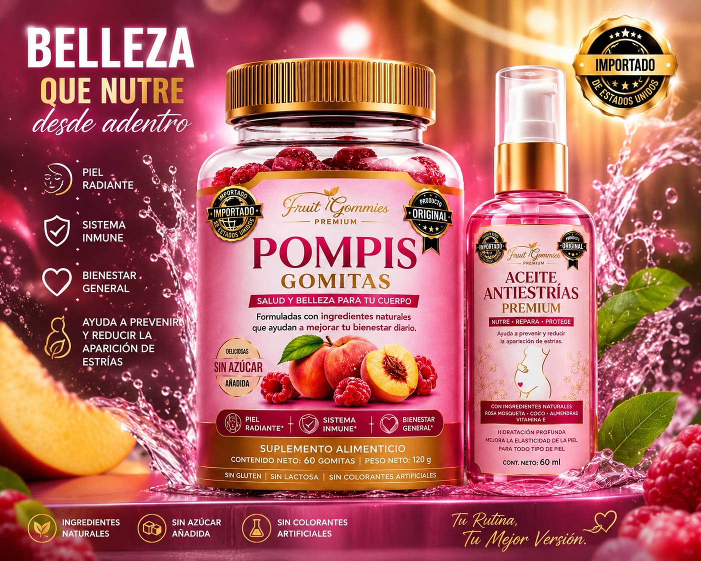 🍑 Gomitas Pompis + Aceite Antiestrías | Realza y Cuida tu Piel