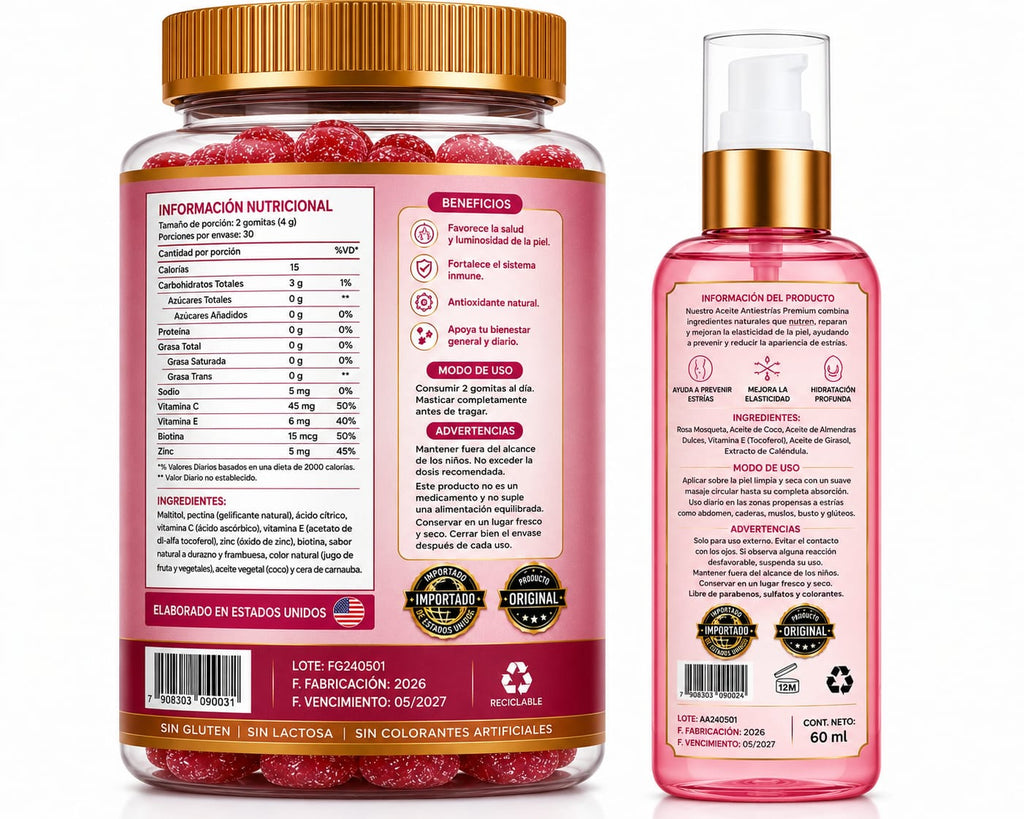 🍑 Gomitas Pompis + Aceite Antiestrías | Realza y Cuida tu Piel