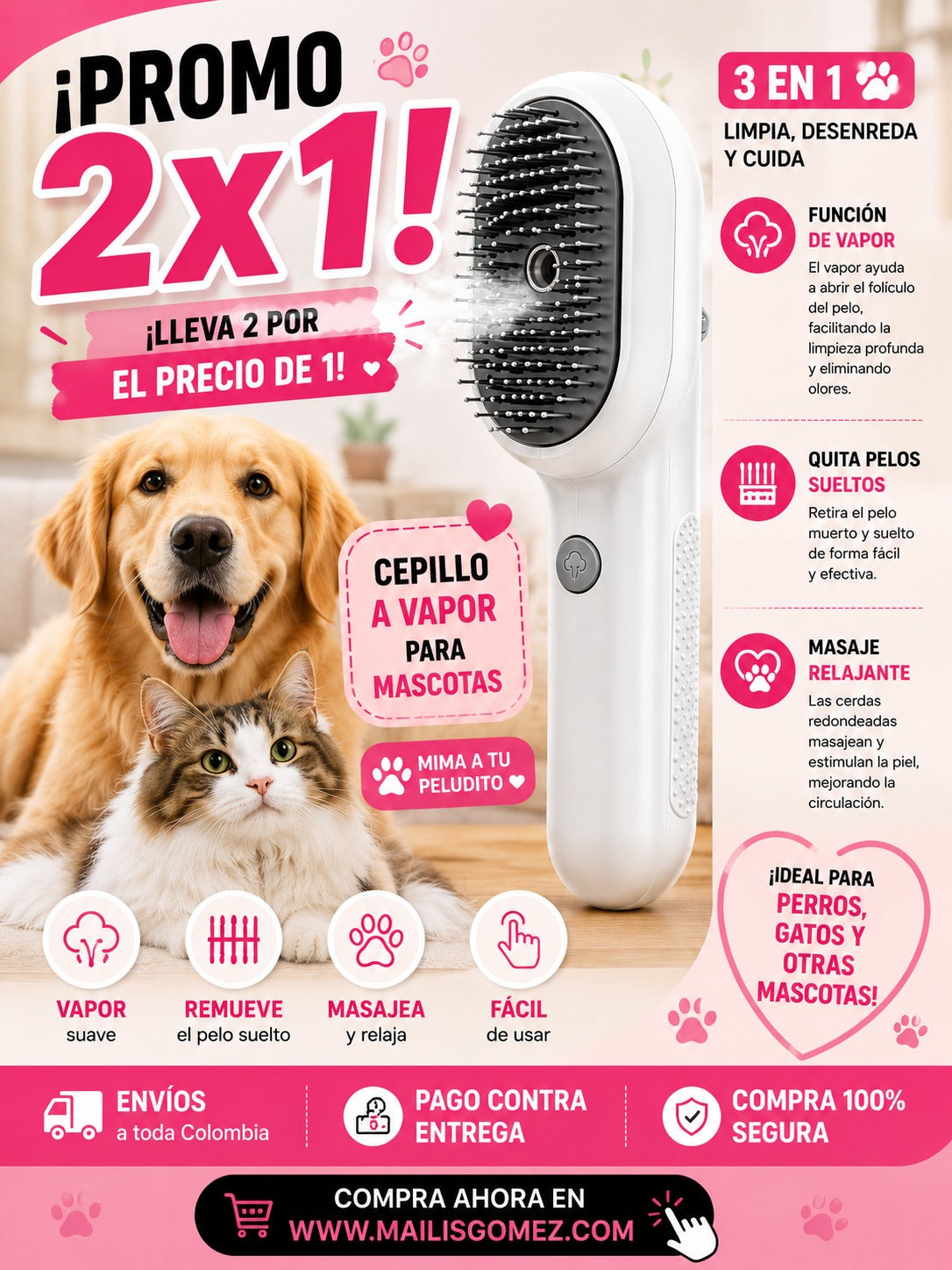 🔥OFERTA Lleva 2 y Ahorra 🐶Cepillo Vaporizador 3 en 1 para Mascotas | Elimina Pelo y Masajea.